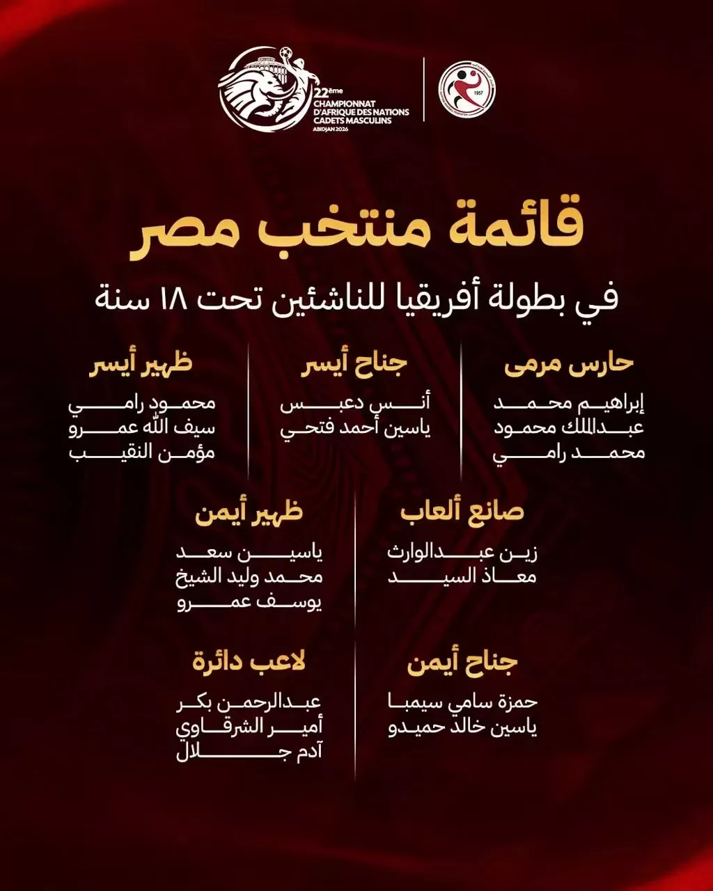 القائمة الرسمية المعتمدة لمنتخب الناشئين