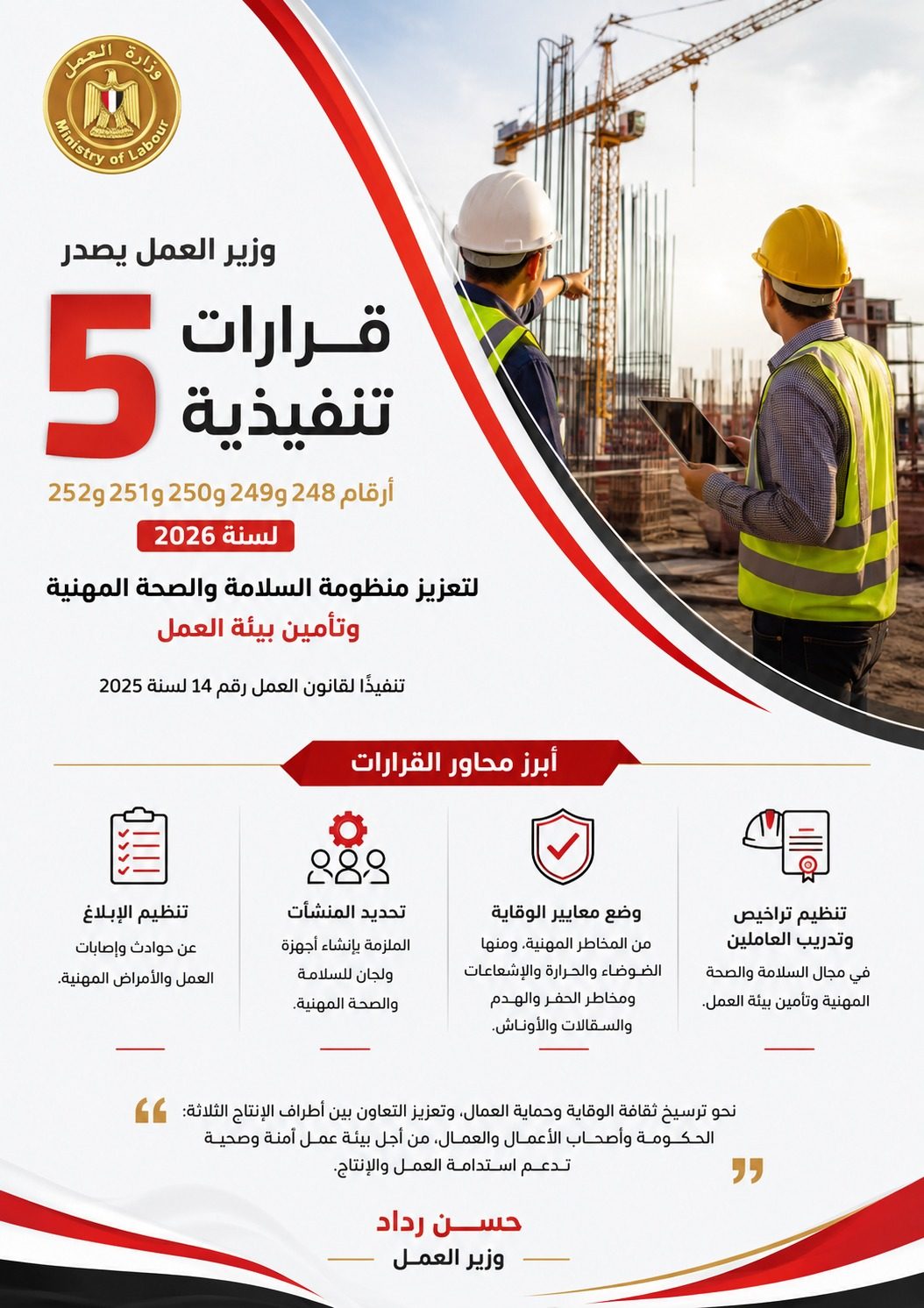 5 قرارات تنفيذية من وزير العمل حسن رداد لتعزيز السلامة والصحة المهنية